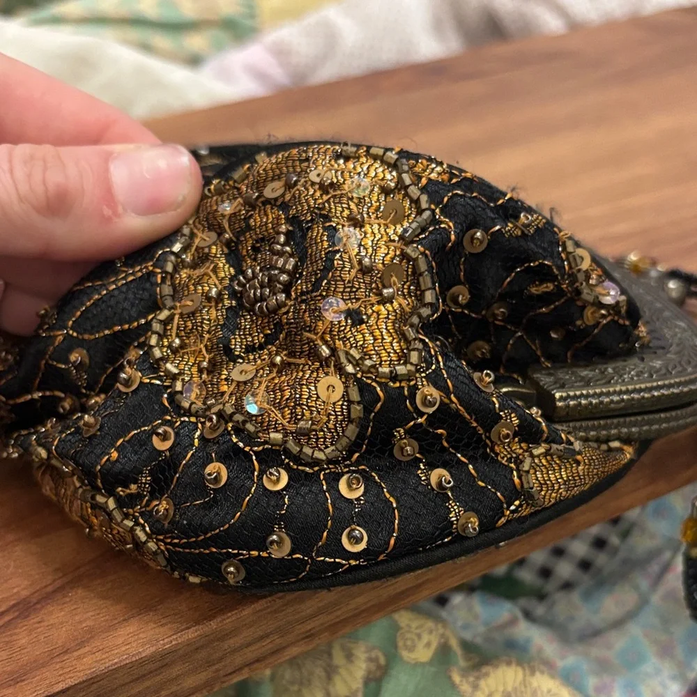 Vintage Christiana Black and Gold Floral Embroidered Clutch- beaded